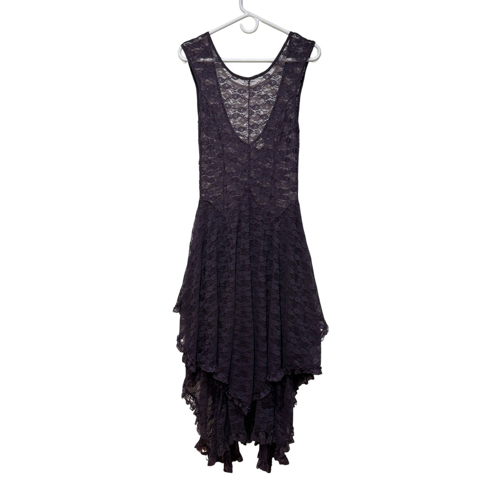 Free People French Courtship Lace Slip Dress Purple Sheer Midi Ruffle Medium M